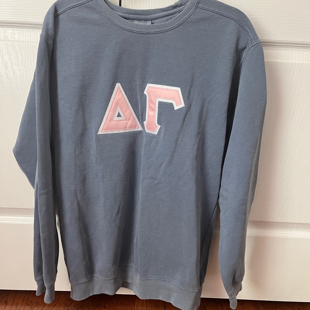 Delta Gamma, Comfort Colors, blue grey, pink hard letters, size medium